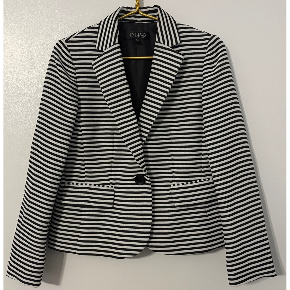 Kasper Womens Black White Striped Single Button Blazer Jacket Size 6